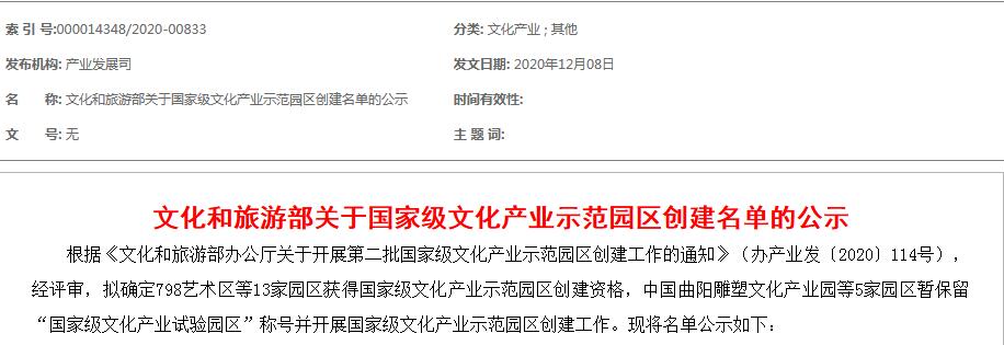 文化和旅游部關(guān)于國家級(jí)文化產(chǎn)業(yè)示范園區(qū)創(chuàng)建名單的公示